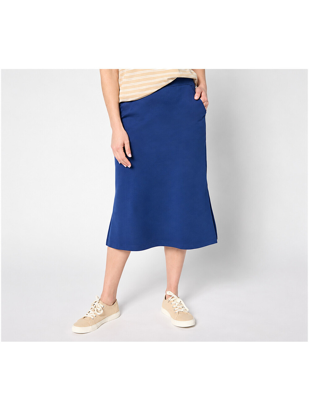 Isaac Mizrahi Live! Regular Essentials Pima Flex Midi Skirt Royal Navy,Petite 2X
